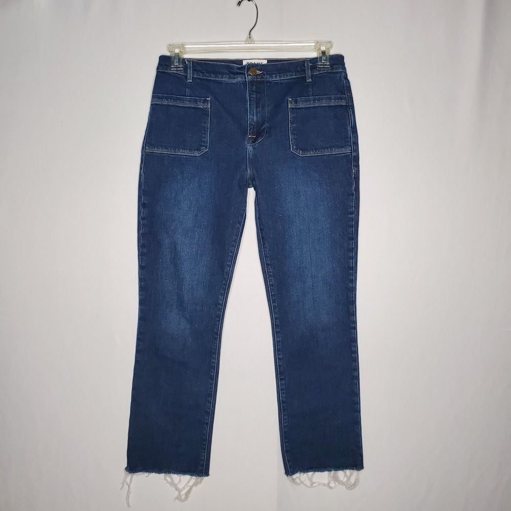 Frame Denim Le Bardot Straight Jeans Women 29 Blue Raw‎ Fringe Hem Square Pocket